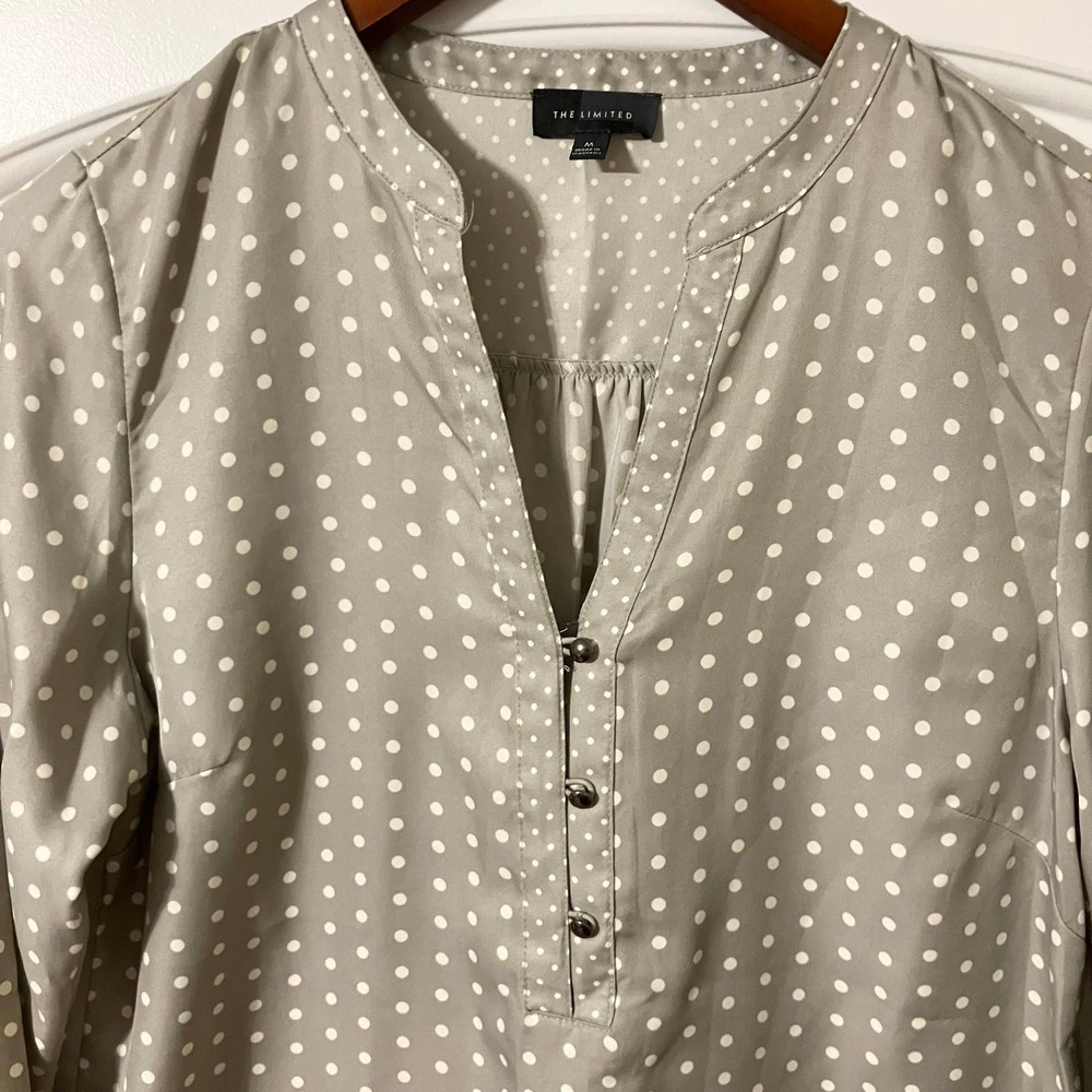 The Limited Womens Shirt Blouse Top Medium Gray Polka Dot Long Sleeve - Picture 2 of 9